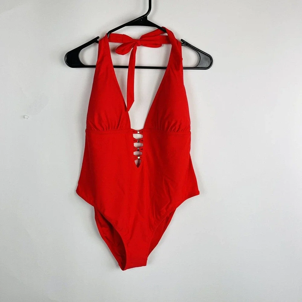 New City Chic Womans Swimsuit Sz 16 Tigerlilly Red Gidget One Piece High Leg NWT